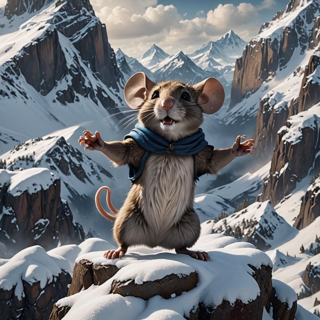 Victorious Mouse on Snowy Mountain, Detailed Digital Art