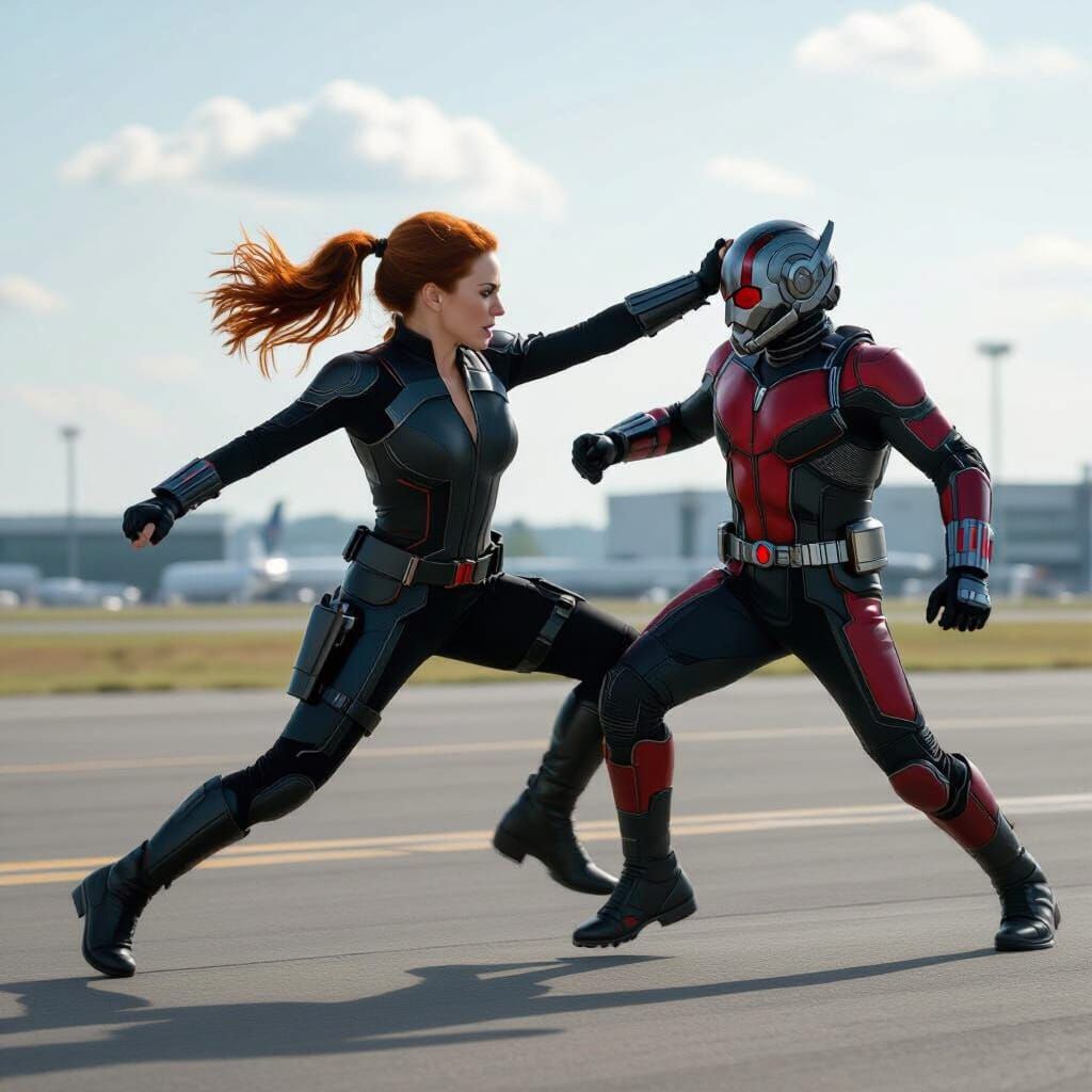 Superheroine Assaults Ant-Man on Airport Runway