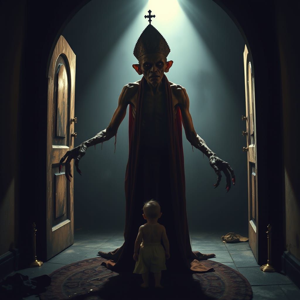 Ominous Bishop Yearns for Toddler in Dark Chamber