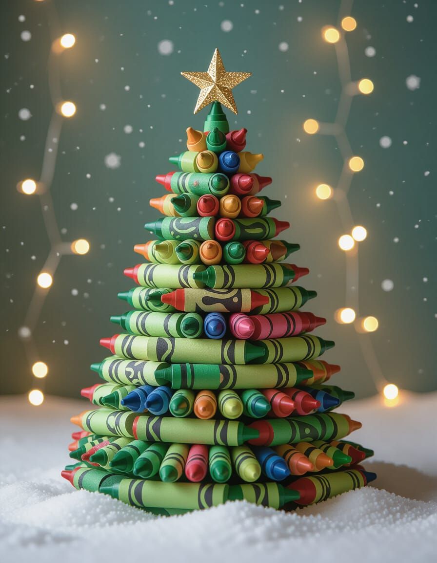 Vibrant Crayon Christmas Tree Sculpture with Fairy Lights