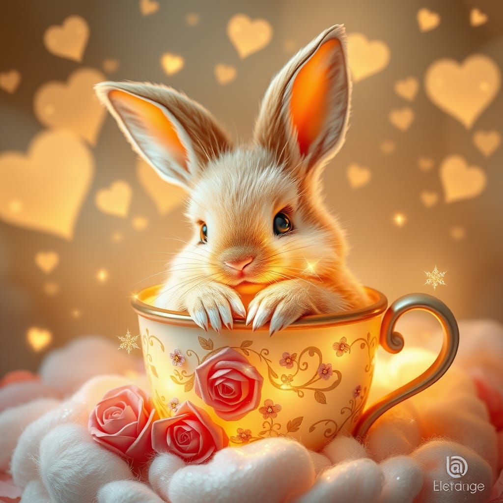 Whimsical Fluffy Baby Rabbit in Delicate Cup of Sparkling Fl...