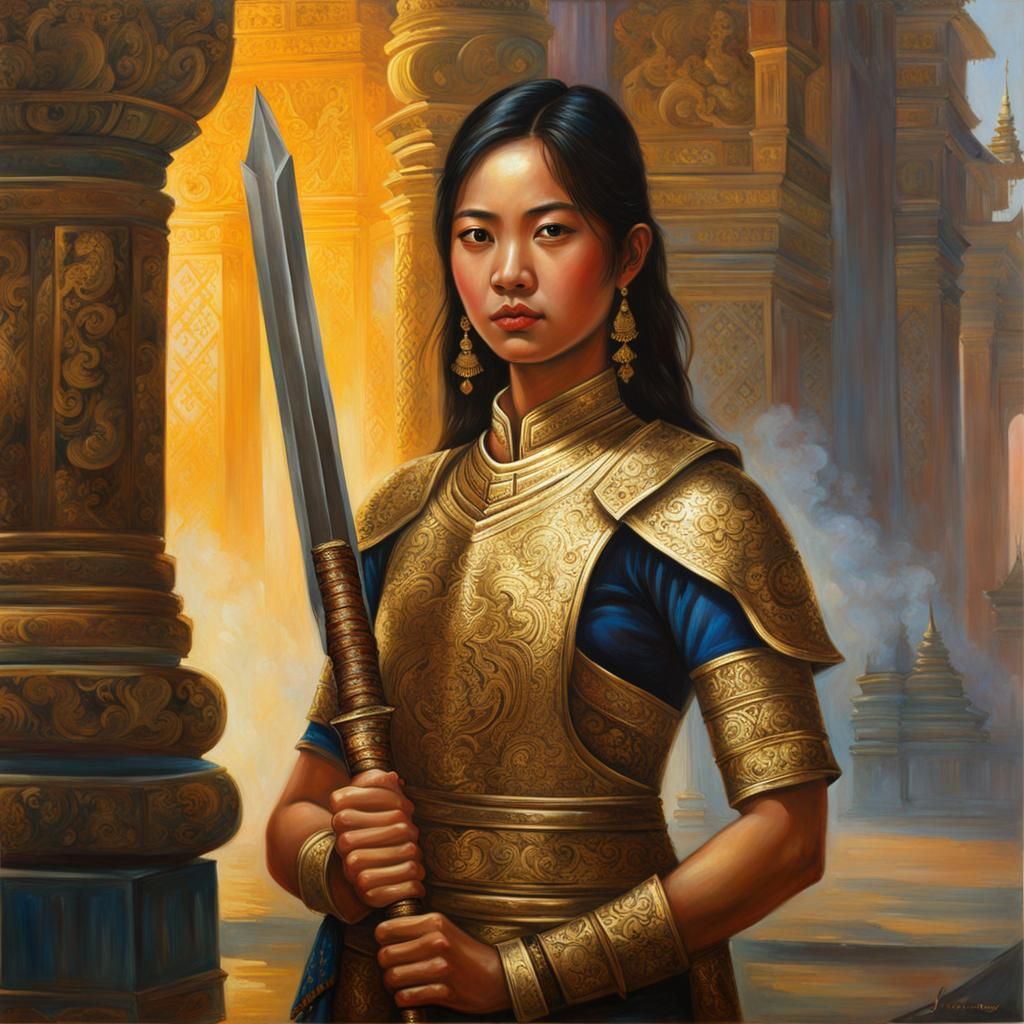 Thai Woman Warrior in Golden Light, Oil Painting