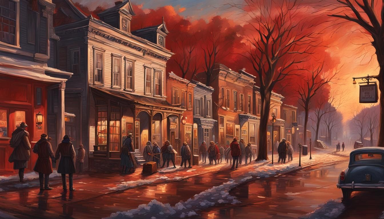 18th Century American Town at Evening Crossroads