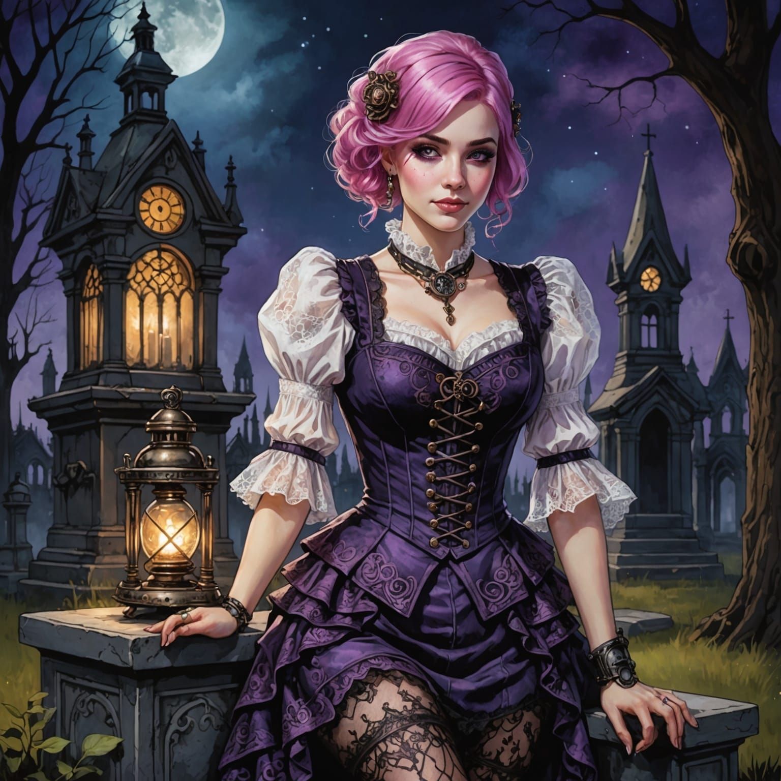 Pink-Haired Woman in Cemetery at Night