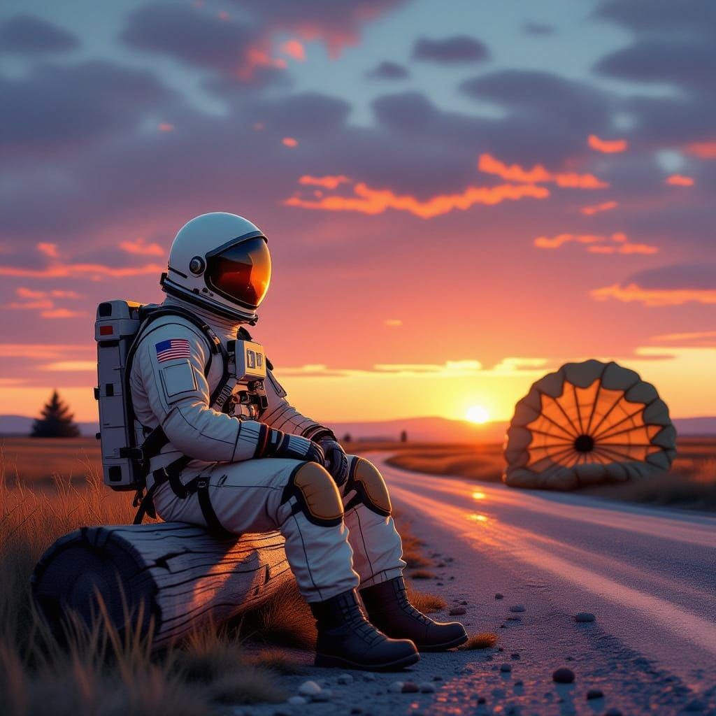 Astronaut in Sunset Glow, Beside a Gravel Road