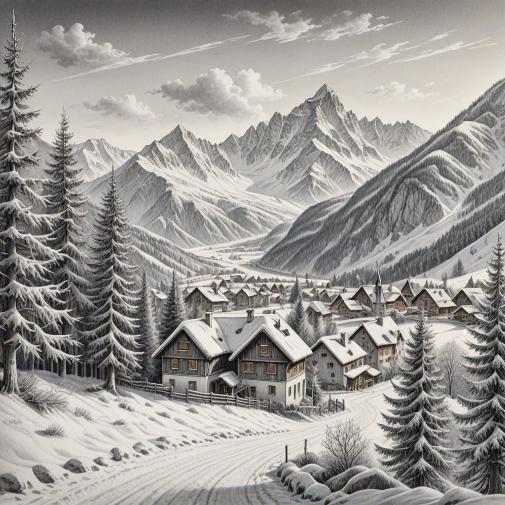 Highly Detailed Pencil Sketch of Alps Winter Landscape