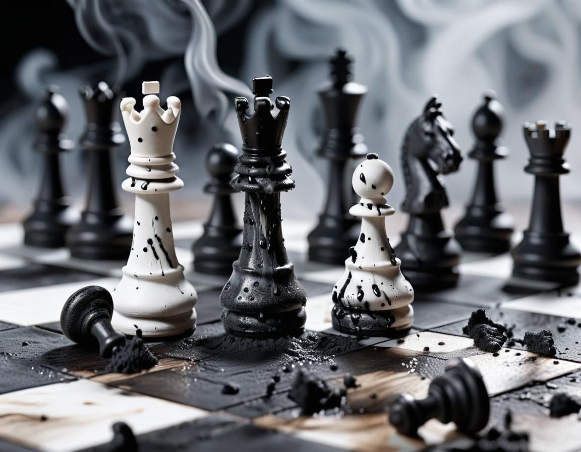 Artistic Chess Game with Dripping Wood and Charcoal