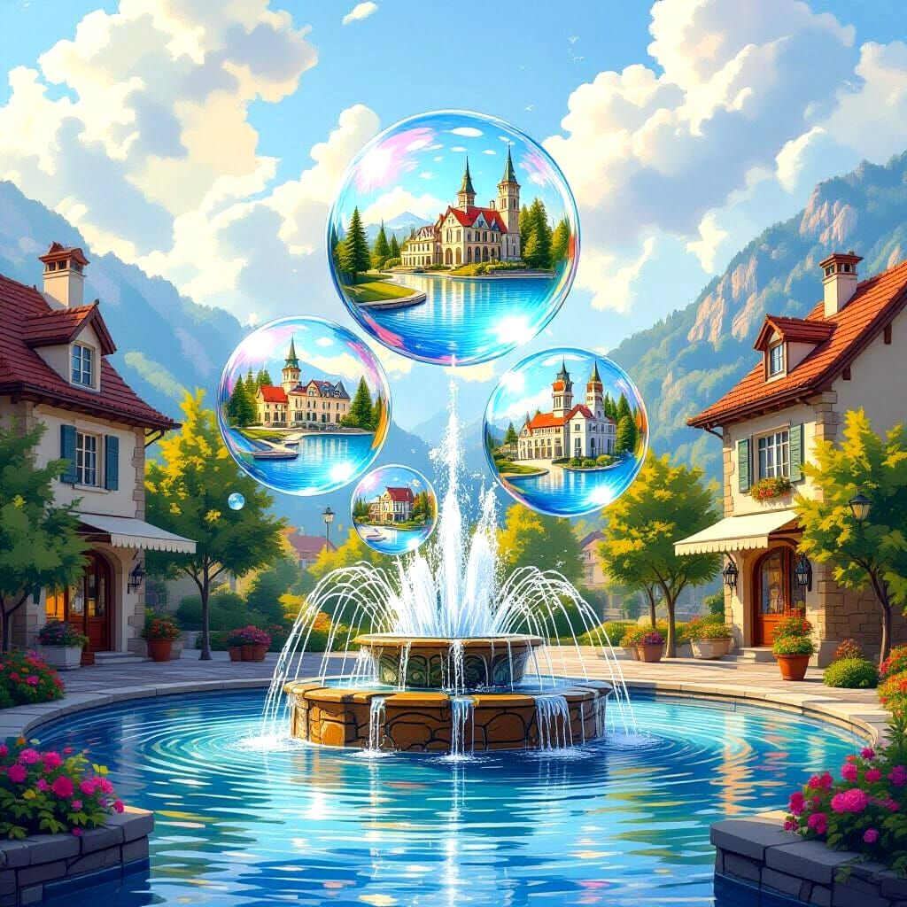 Bubbles Filled With World Landscapes Rise From Fountain