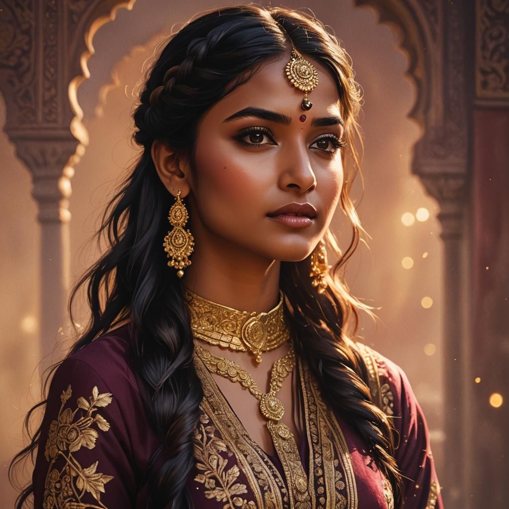 Glamorous Indian Woman Portrait in Art Nouveau Style