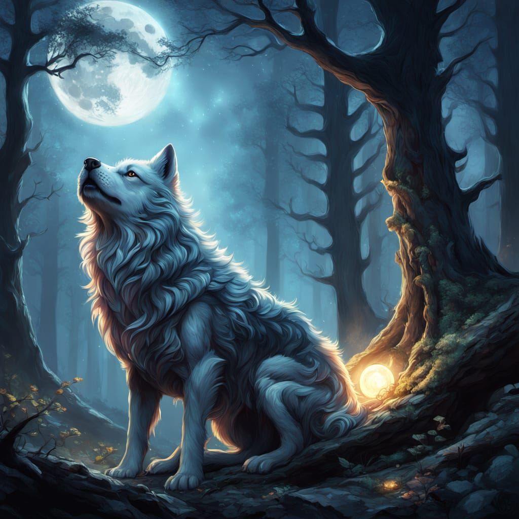 Luminous Wolf Pup with Moonstone in Mystic Forest