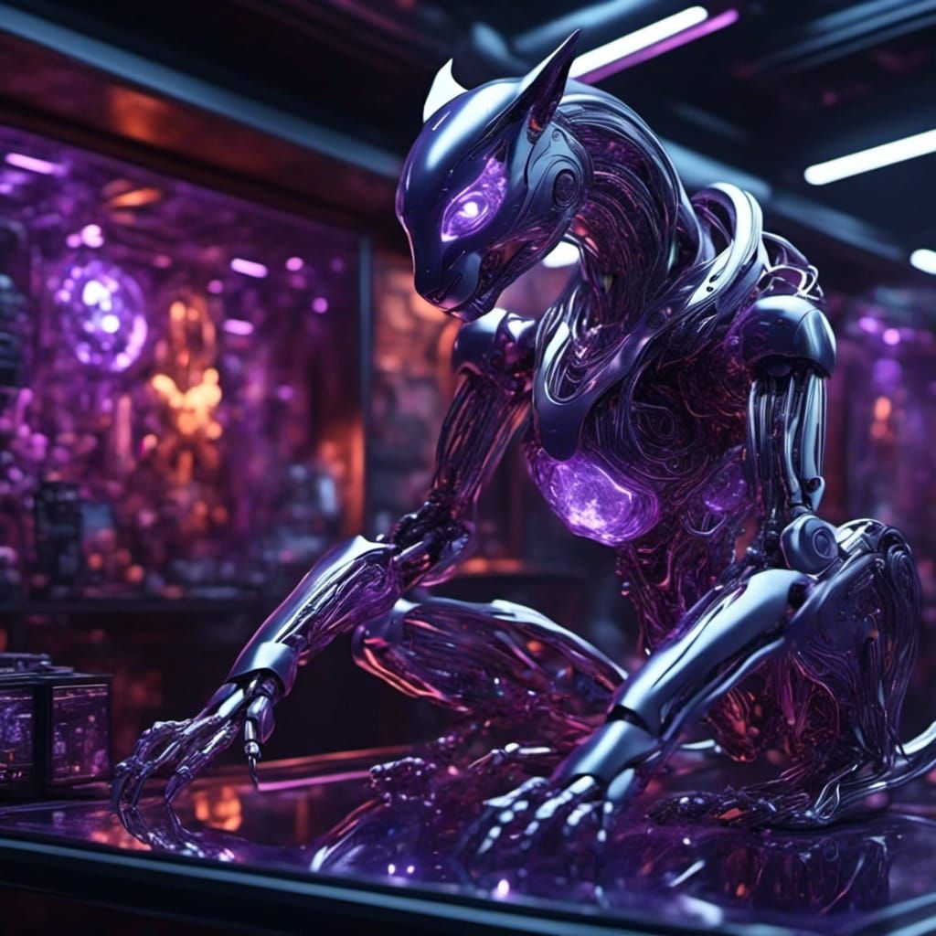 Mewtwo Hologram Cyborg in Digital Art Style