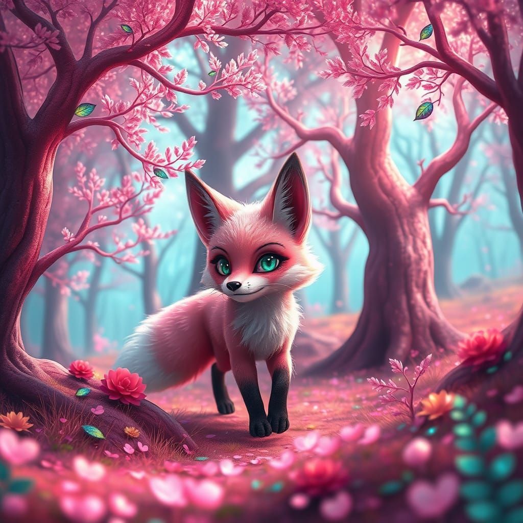 Whimsical Pink Fox in Vibrant Fantasy Forest