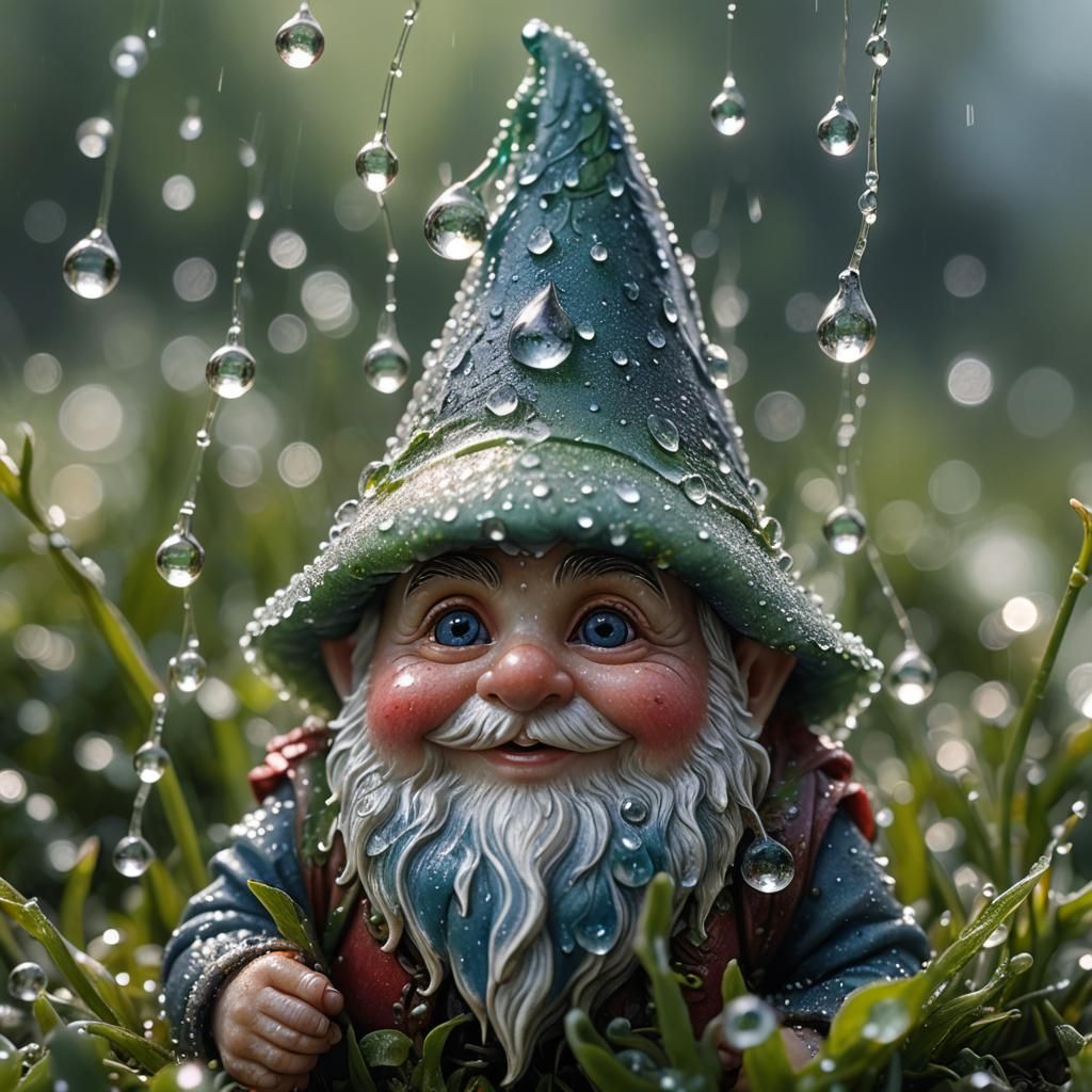 Detailed Macro Photo of Dew-Covered Baby Gnome