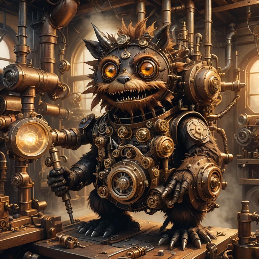 Steampunk Monster Tinkering in Inventor's Workshop