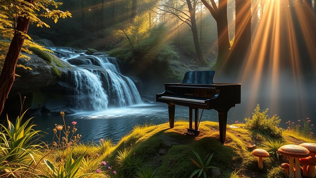 Lush Forest Waterfall Scene with Piano, Hyper-Realistic