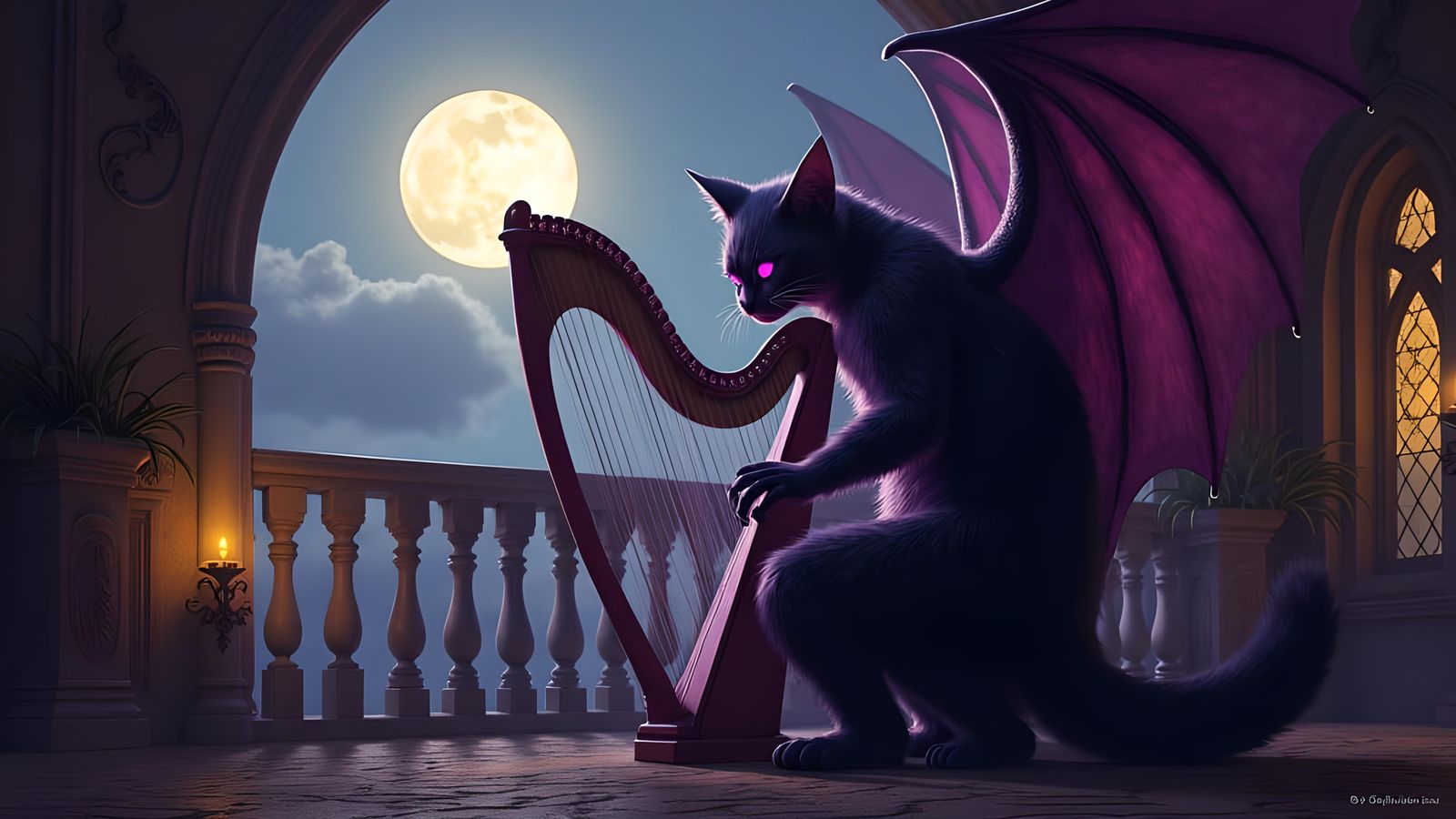 Cthulhu Cat Plays Harp in Gothic Moonlight