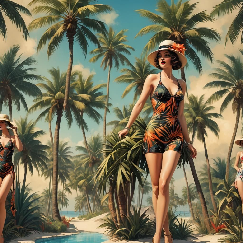 1920s Swimsuit Beauty in Airbrush Art Style