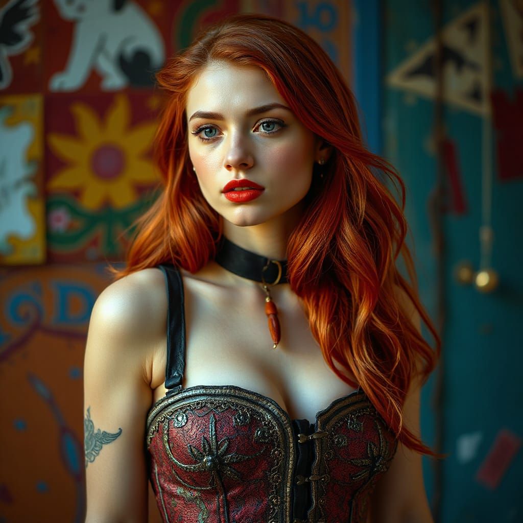 Red Haired Woman in Corset: Hyperrealistic Digital Art