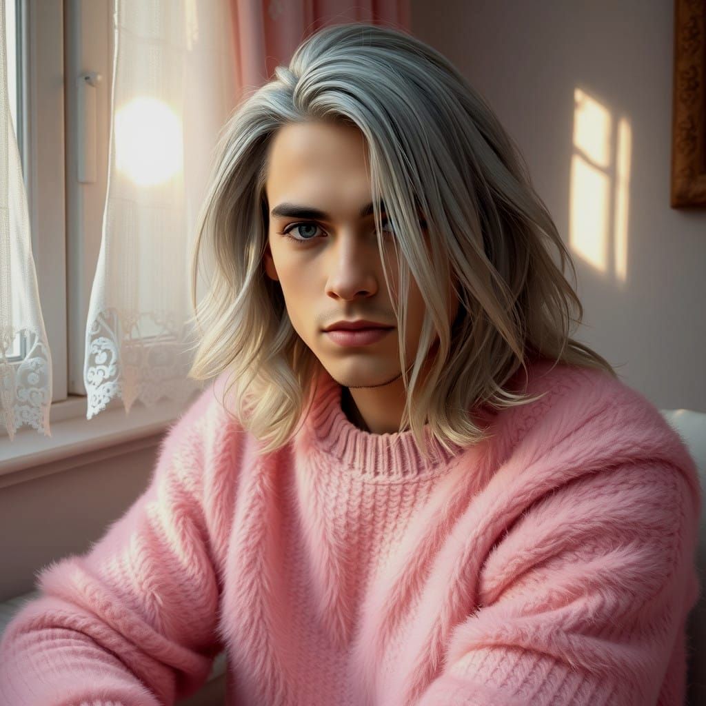 Cozy Gentleman in Soft Pink Sweater Relaxing in a Warm Room