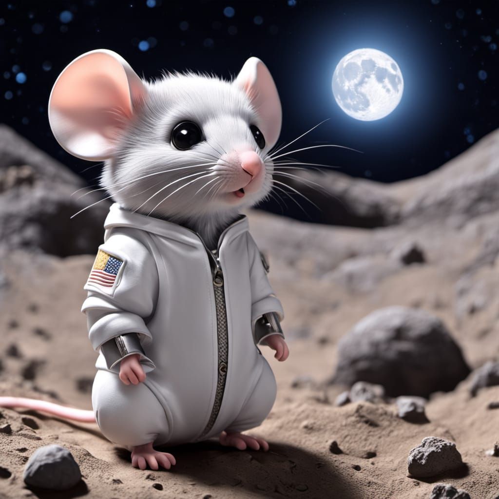 Chibi Mouse Contentedly Sits on the Moon