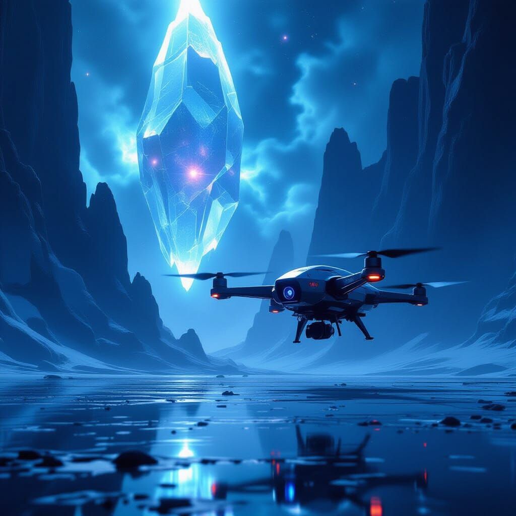 Lone Drone in Cosmic Nebula, Reflecting Crystalline Structur...