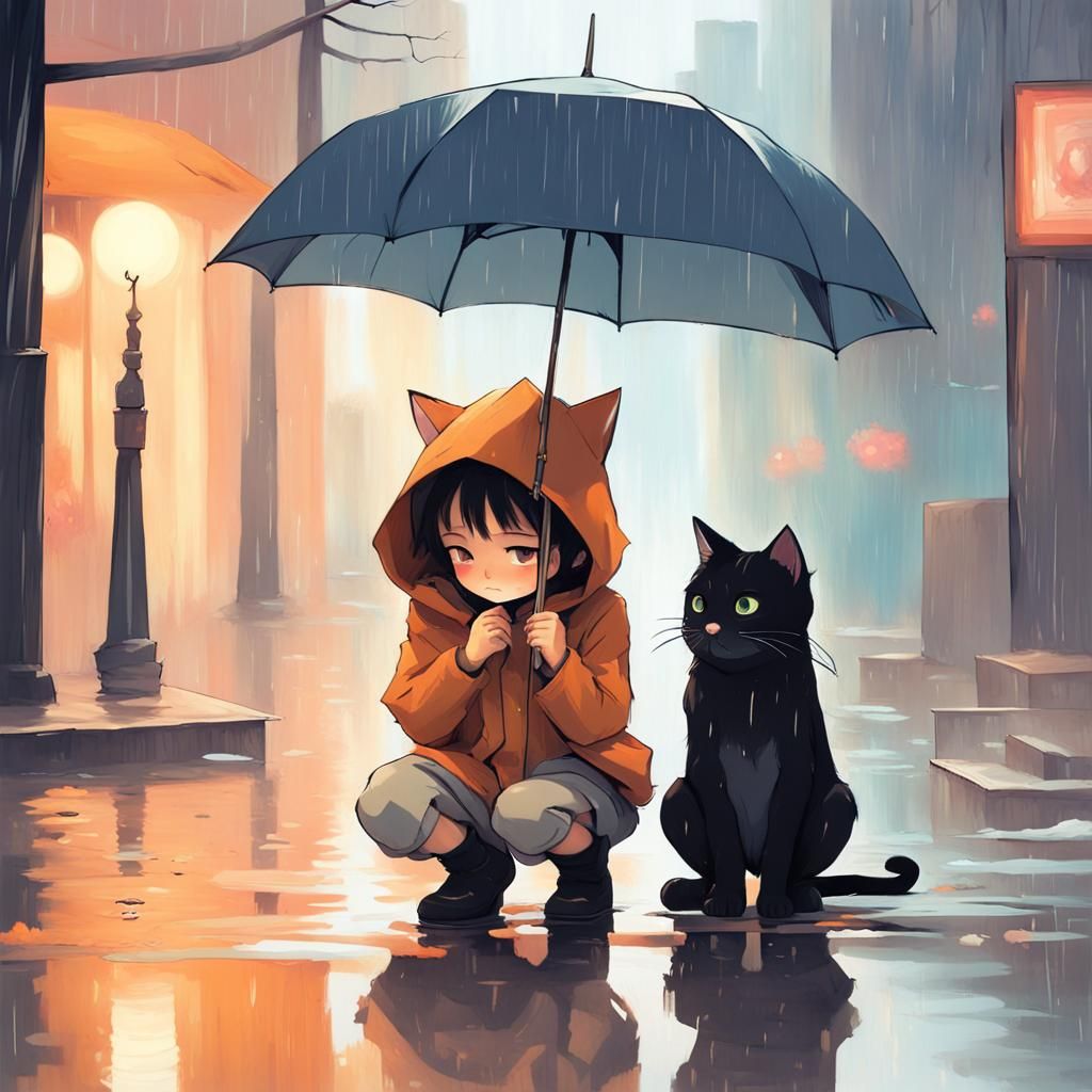Anime Girl and Cat in Rainy Weather