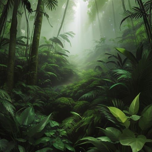 Vivid Rainforest Canopy Concept Art with Dappled Sunlight