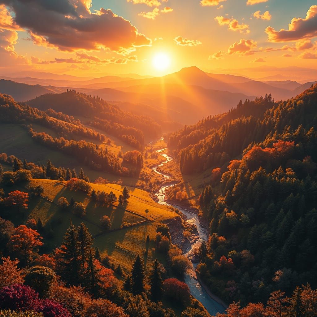 Vibrant Countryside Landscape in Golden Light
