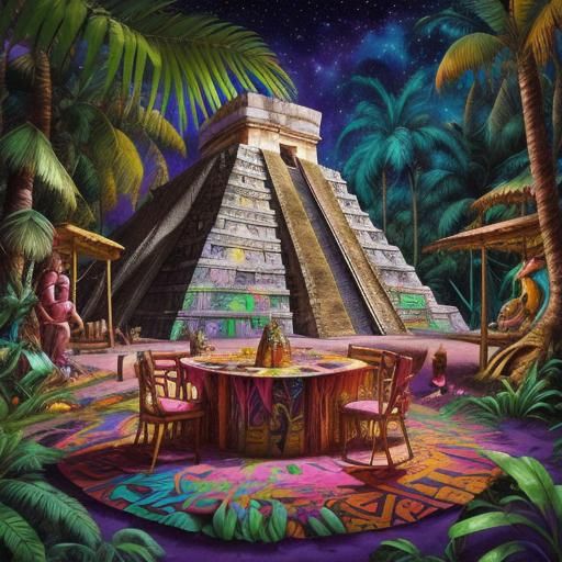 Mayan Temple Feast Under Full Moon in Graffiti Art