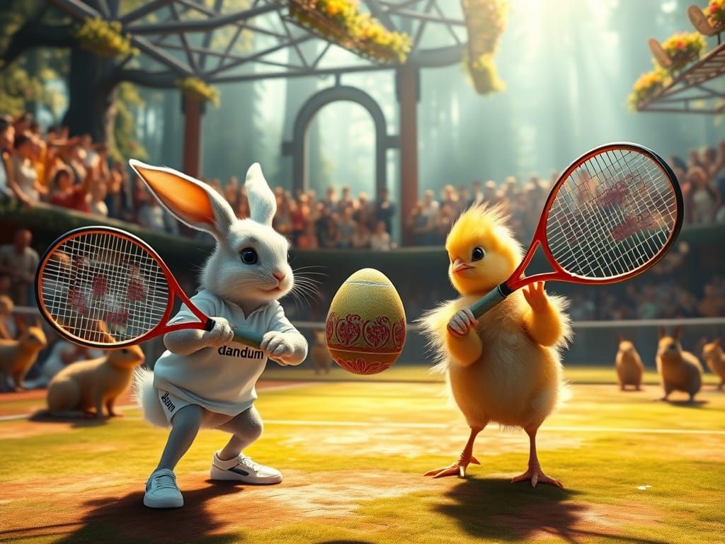 Bunny and Chick Tennis Showdown in Mystical Forest