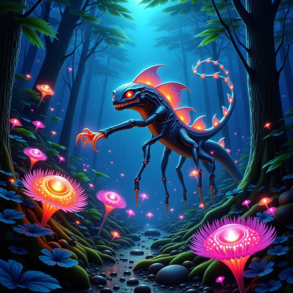 Bioluminescent Jungle Creatures in a Mist-Shrouded Forest