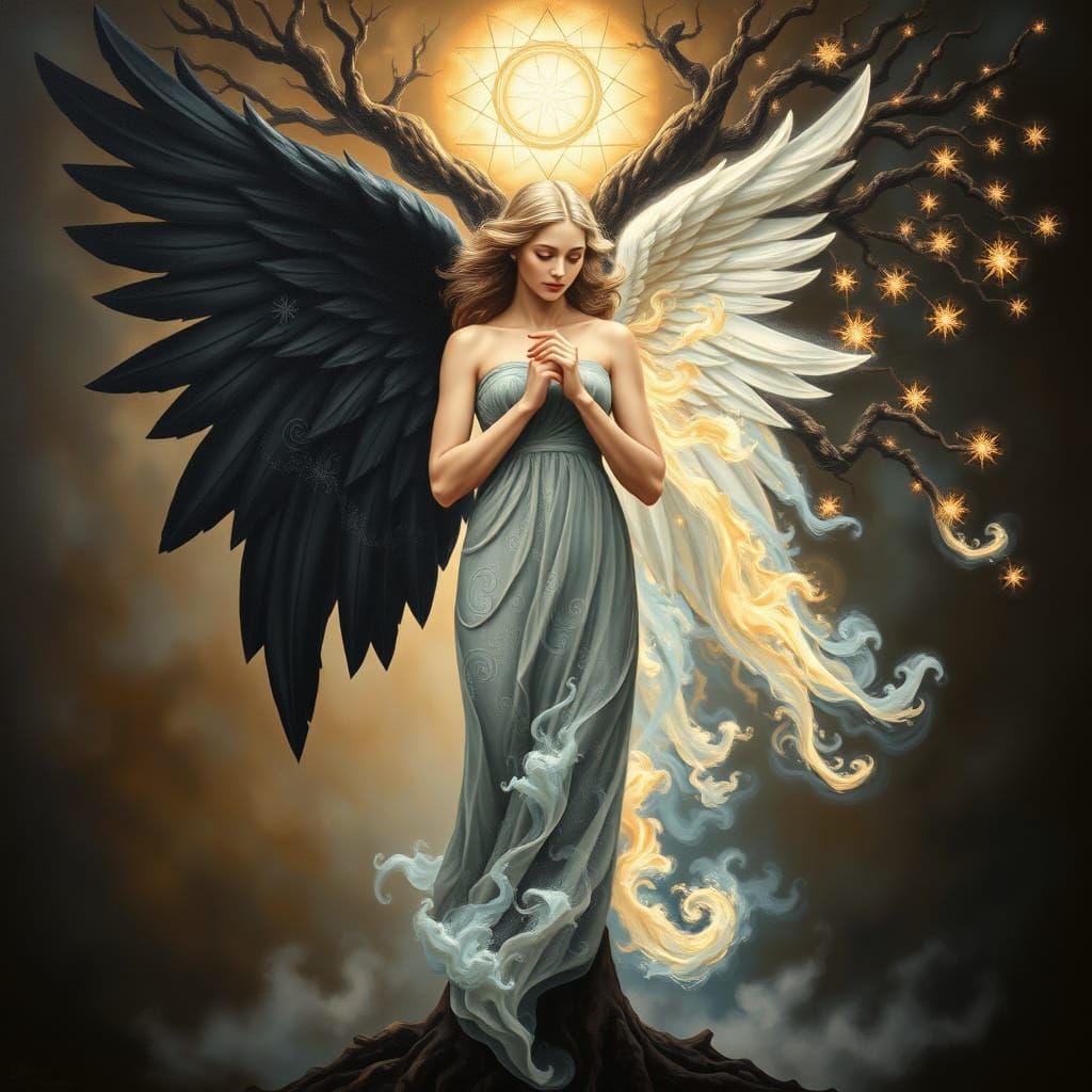 Angel Embodies Duality in Oil Painting