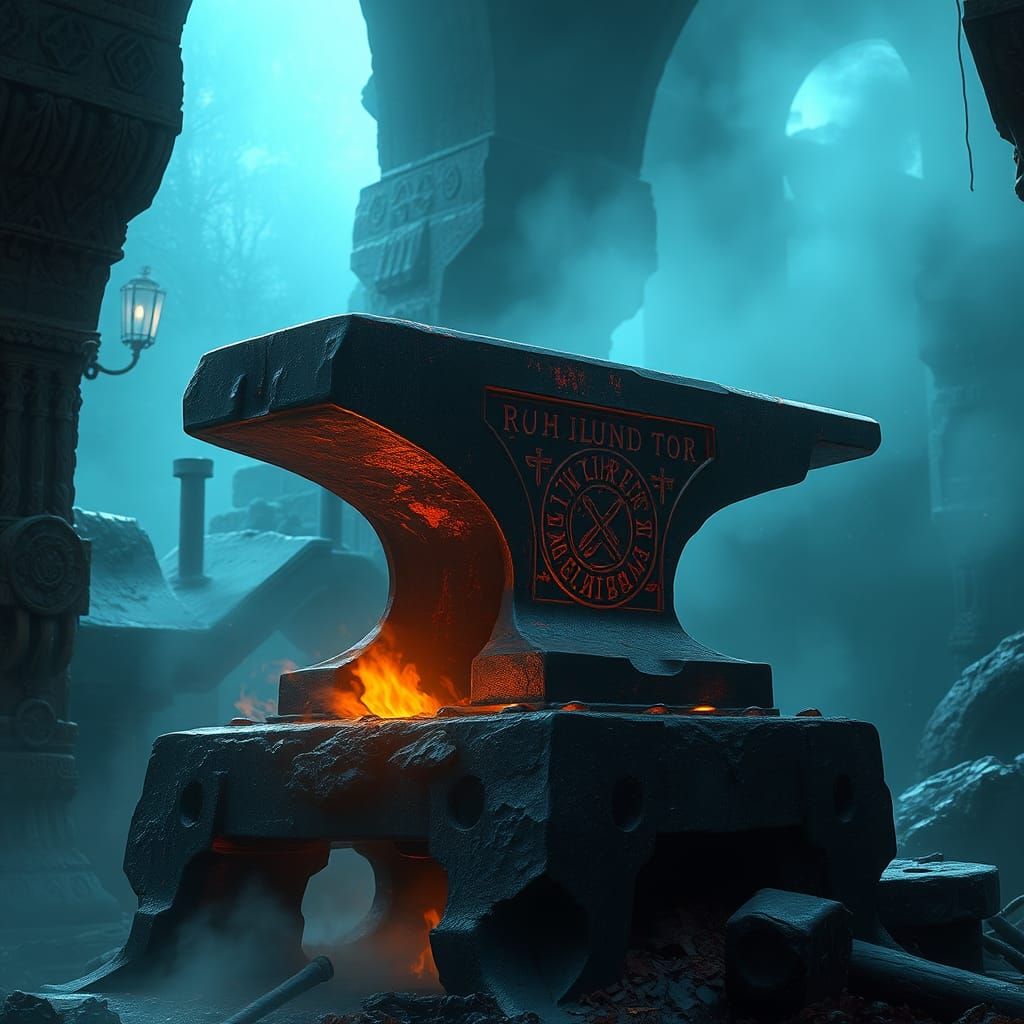 Mystical Anvil on Ruined Forge in Fantasy Style