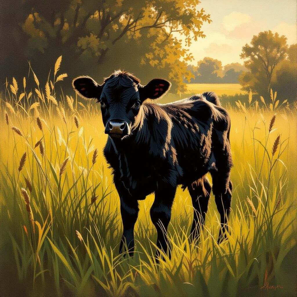 Black Calf in Sunlit Meadow, Dutch Golden Age Style