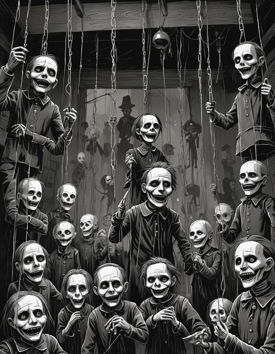 Sinister Marionettes in Gritty Horror Comic Style