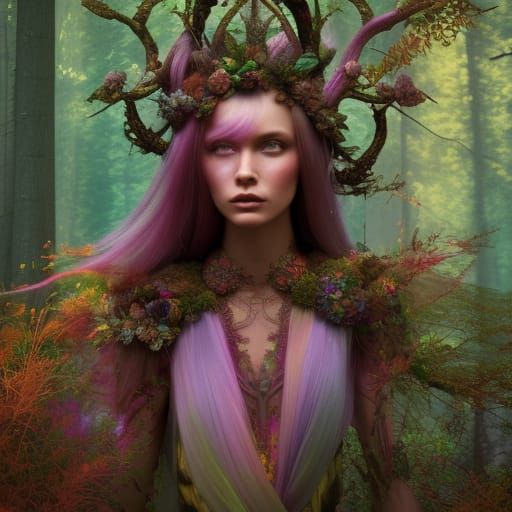 Rainbow Druid Girl in Enchanted Forest