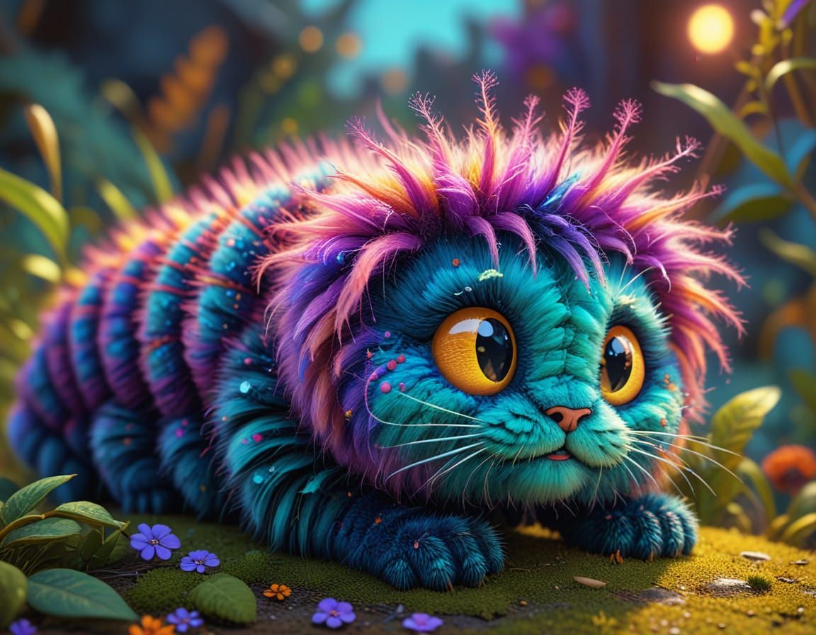 Cartoon Caterpillar in Cat Fur: Whimsical 3D Digital Art