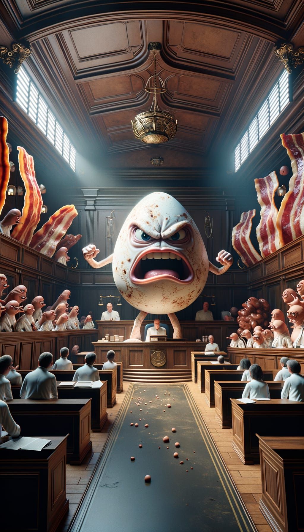 Realistic Courtroom Scene with Furious Anthropomorphic Egg