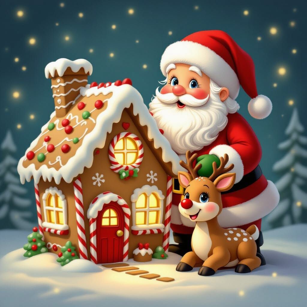 Santa and Reindeer by Gingerbread House in Precious Moments ...