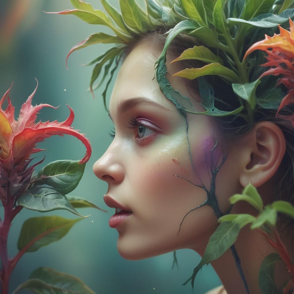 Alien Double Exposure: Woman and Carnivorous Plant in 3D