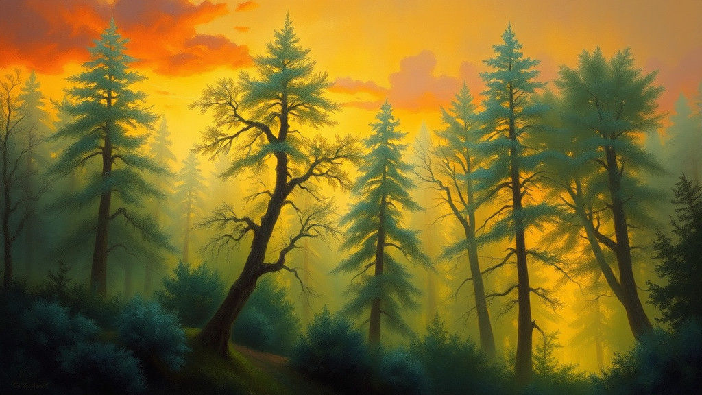 Enchanted Glowing Forest Landscape in Oil Painting Style