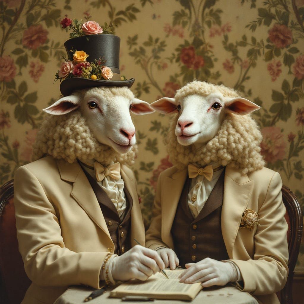 Victorian Sheep in Top Hats with Floral Accents