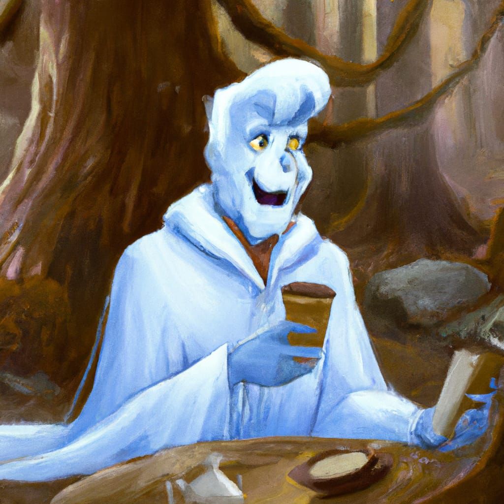 Ghost Sipping Coffee in Woods: Animated Style