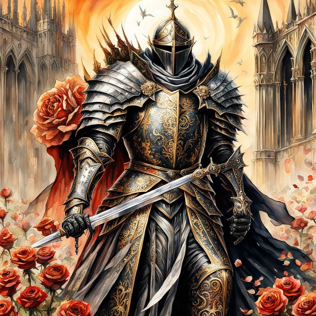 Gothic Knight in Rose Field Under Eclipse