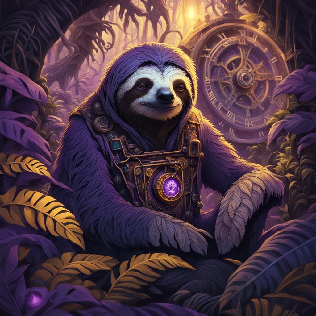 Time-Traveling Sloth in Dark Fantasy Jungle