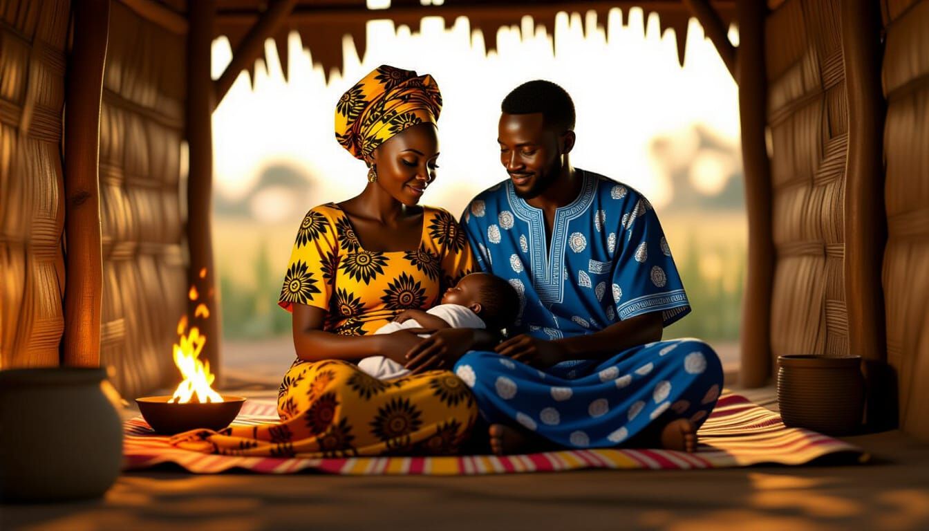 African Family in Ankara Attire in Firelit Hut