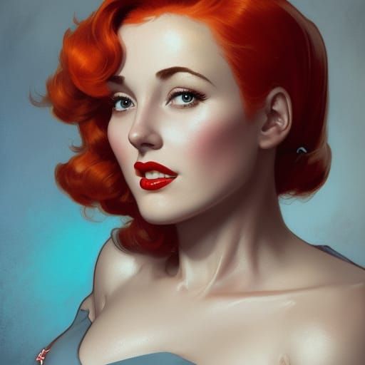 1950s Redhead Pinup Portrait in Art Nouveau Style