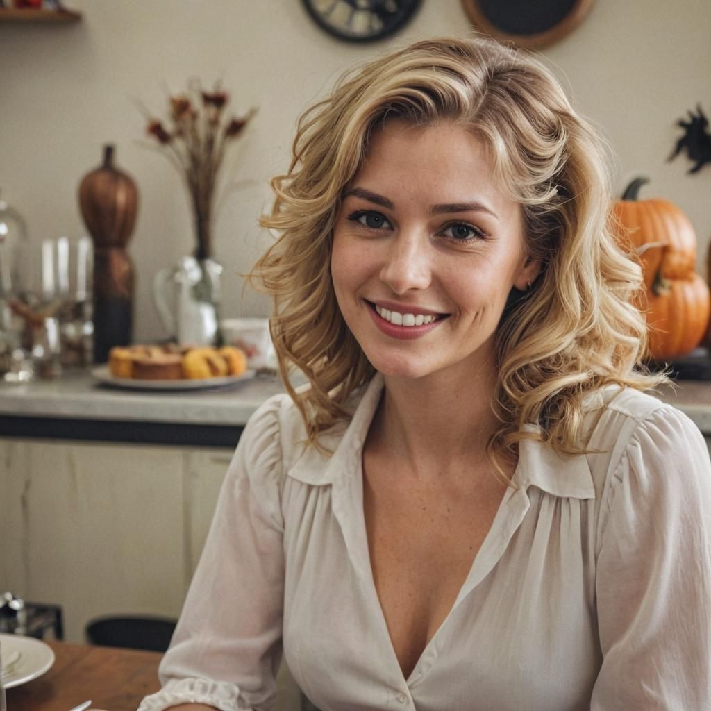 Smiling Woman in Halloween-Decorated Diner
