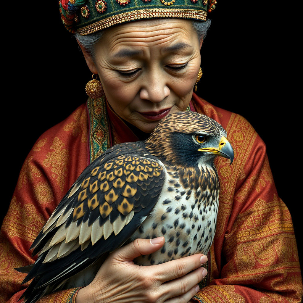 hawk, grandmother, double-helix, shiny beadwork, asian, intricate, detailled,  amanda sage, klimt