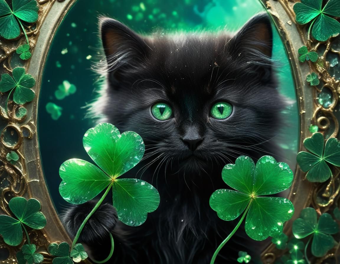Mystical Kitten with Clover in Dreamlike Surrealism